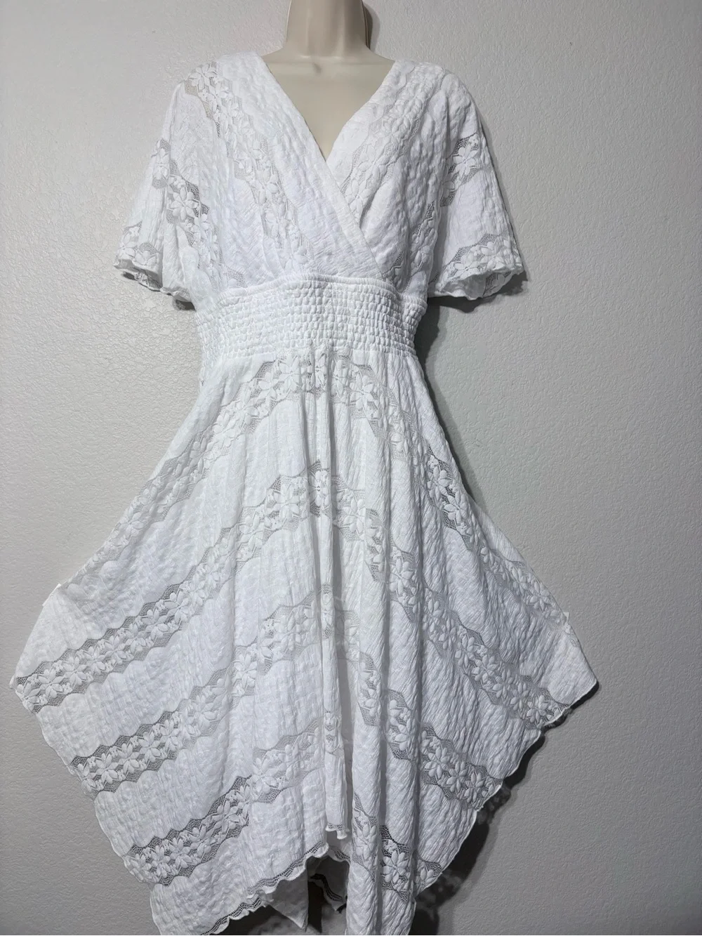 Rabbit White Lace Ethereal Boho Dress Handkerchief Hem Dolman Flutter Sleeves